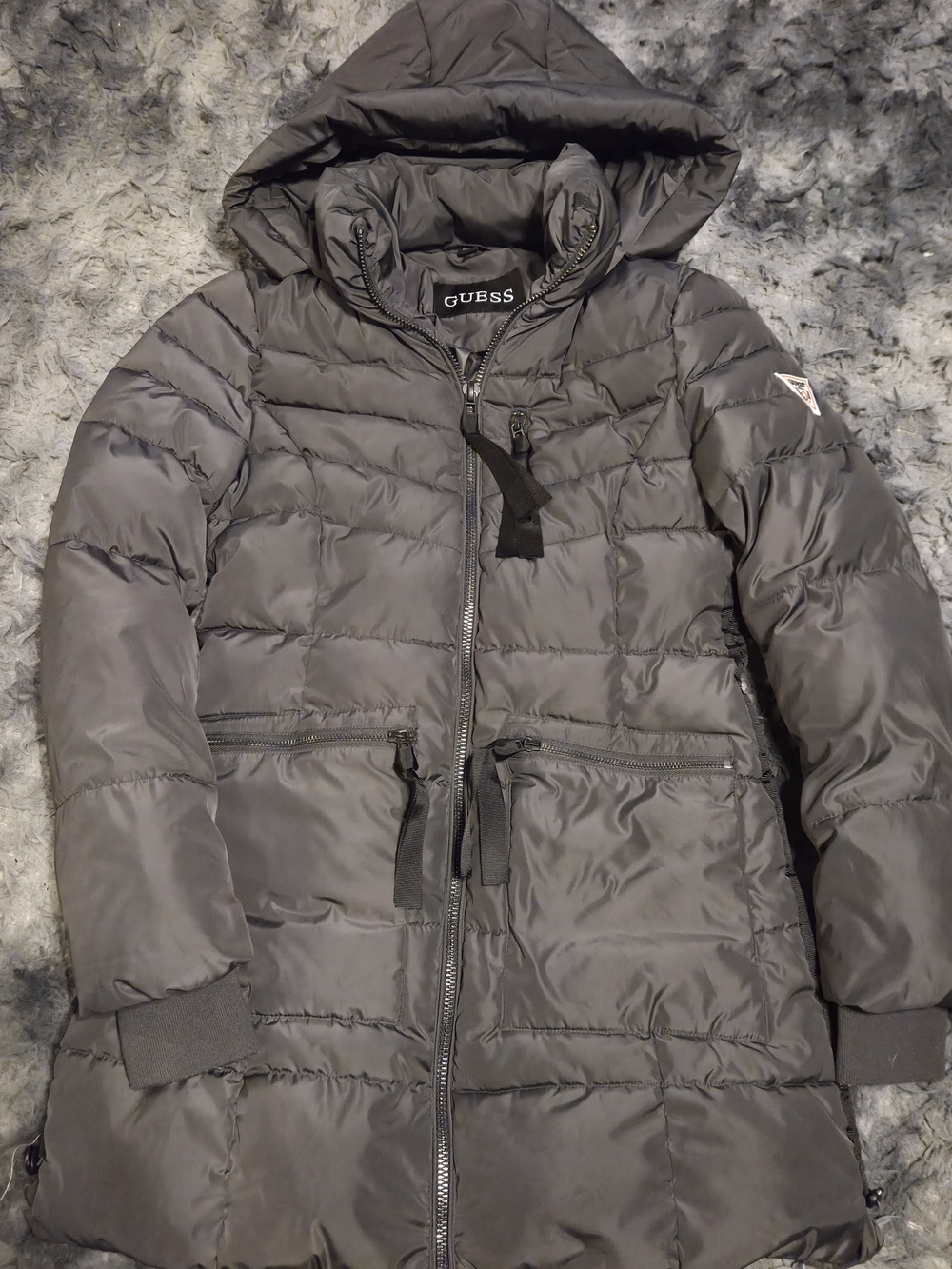 GUESS Women’s Hooded Puffer Coat in Charcoal Gray